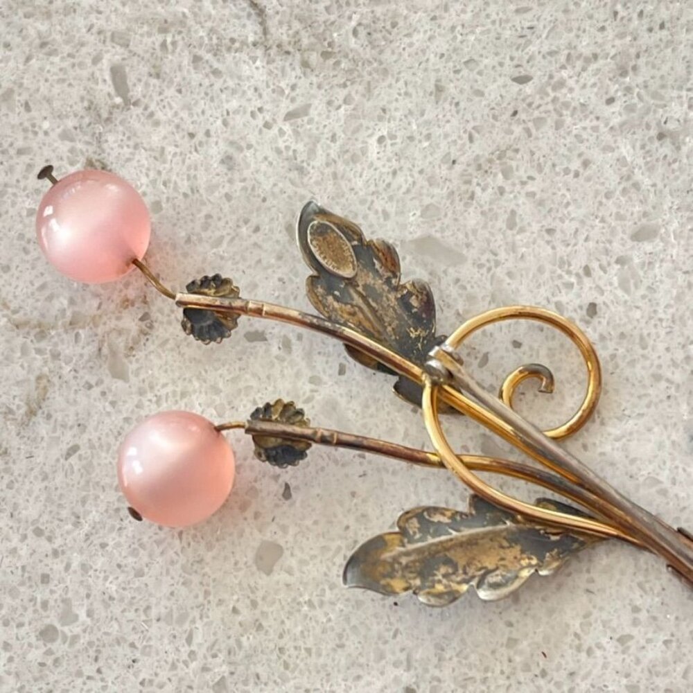 Van Dell 12K Gold Filled Sterling Flower Brooch Pink Moonstone Glass - Picture 4 of 4
